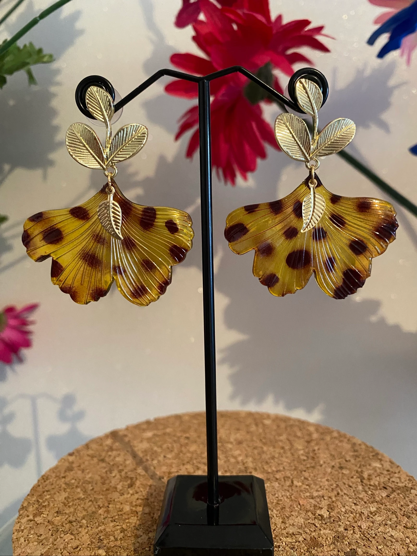Boucles d’oreilles feuille de Gingko motif léopard